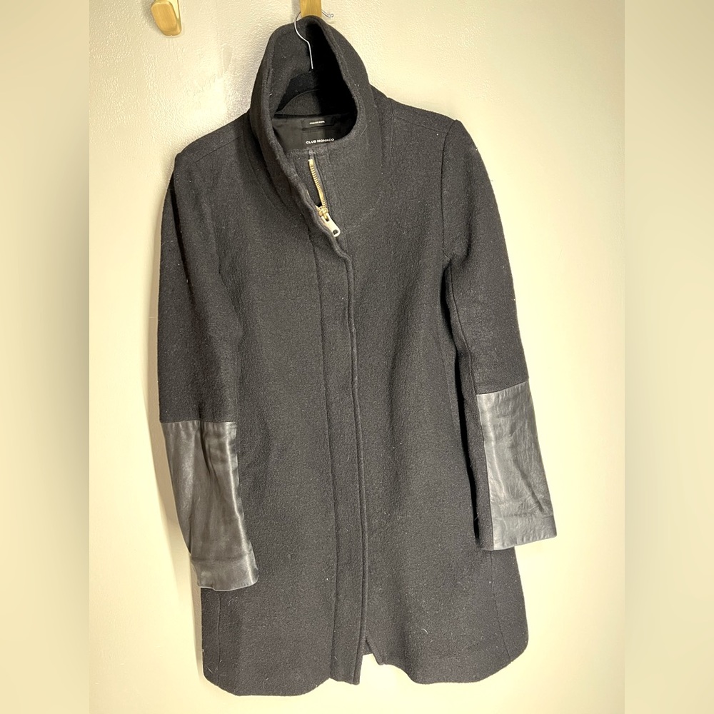 Club Monaco black wool coat with leather accents